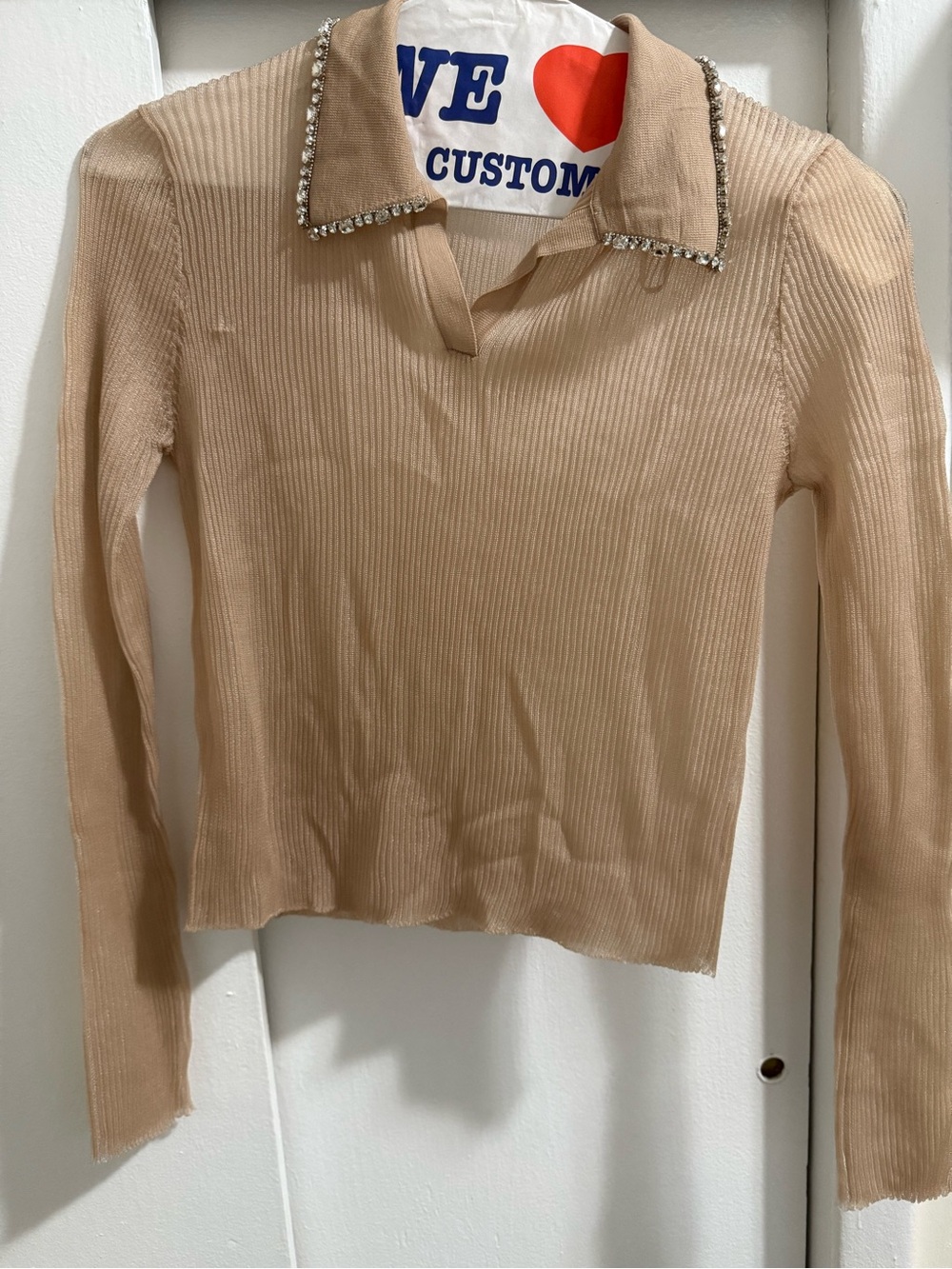 Zara Beige Ribbed Long-Sleeve Sheer Top with Rhinestone Collar